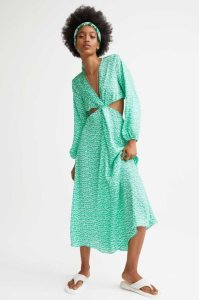 H&M Balloon-sleeved Cut-out Creped Kleider Damen Grün | LYN-506948