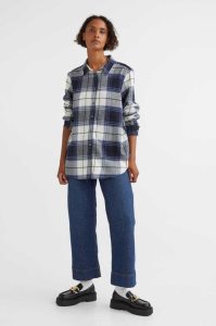 H&M Baumwoll Flannel Shirt Bluse Damen Schwarz | MXP-412087