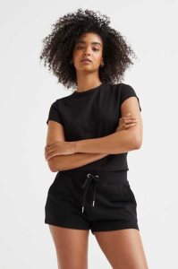H&M Baumwoll Jersey T-shirt Oberteile Damen Schwarz | PHK-624853