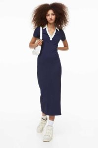 H&M BodyconCollar Kleider Damen Dunkelblau Weiß | PVT-059462
