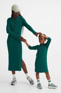 H&M Collared Rib-knit Kurzes Kleid Kinder Dunkelgrün | WGR-810629
