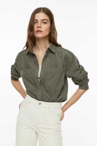 H&M Corduroy Shirt Bluse Damen Khaki Grün | HJF-536947
