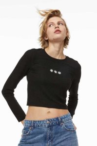 H&M Embroidered Gerippt Oberteile Damen Schwarz | NOC-136908