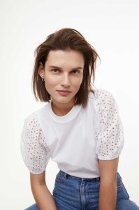 H&M Embroidered-sleeve T-shirt Oberteile Damen Schwarz | NVJ-572413