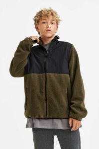 H&M Fleece Jacket Oberbekleidung Kinder Dunkelkhaki Grün Schwarz | RZH-975023