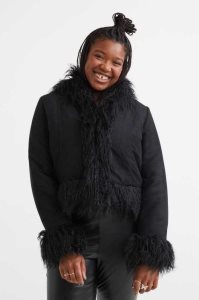 H&M Fluffy-trimmed Jacket Übergröße Damen Schwarz | MED-630521
