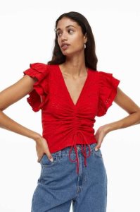 H&M Flutter-sleeved Eyelet Embroidered Oberteile Damen Rot | EZI-647921