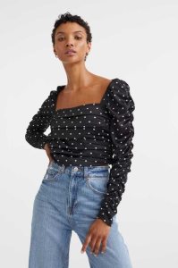 H&M Gathered Cr Bluse Damen Schwarz | XPO-706413