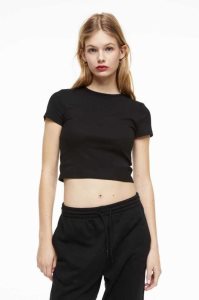 H&M Gerippt Crop Oberteile Damen Schwarz | CUQ-987301