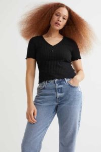 H&M Gerippt Oberteile Damen Schwarz | UTZ-456398