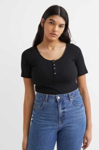 H&M Gerippt T-shirtButtons Oberteile Damen Weiß | VKG-802417