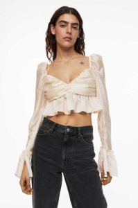 H&M Kurzes Puff-sleeved Peplum Bluse Damen Hellbeige | YLH-263408