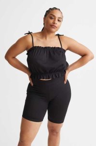 H&M Kurzes Ruffle-trimmed Oberteile Damen Schwarz | ECJ-954380