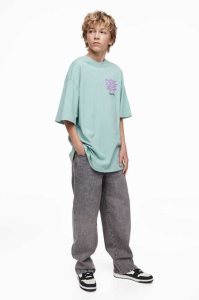 H&M Oversized Printed Hemd Kinder Helltürkis | VYP-489013