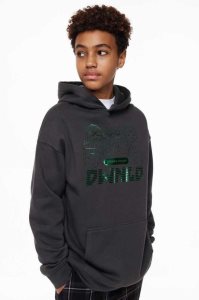H&M Oversized Printed Hoodie Kinder Schwarz | GUV-721948