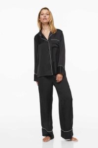 H&M Satin Pajama Shirt and Pants Nachtwäsche Damen Schwarz | QIS-075968