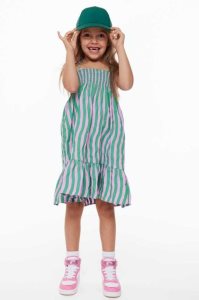 H&M Smocked Baumwoll Kurzes Kleid Kinder Grün Rosa | DFG-132798