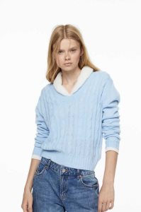 H&M V-neck Cable-knit Pullover Damen Hellblau | DYL-908135